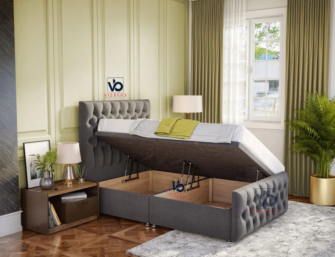 Luxury Salvia Chesterfield Storage Ottoman With Luxury Headboard Vizbeds
