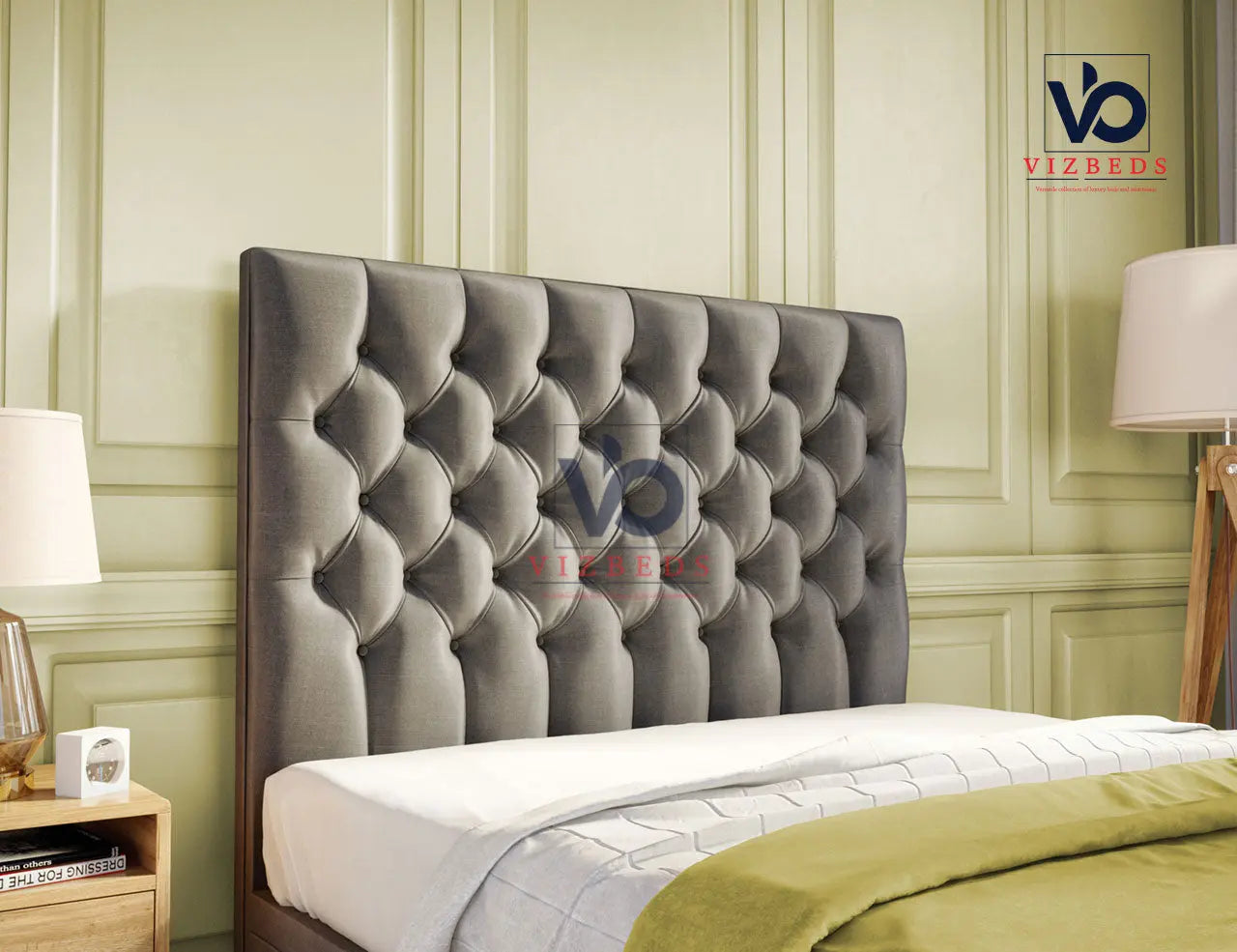 Luxury Salvia Chesterfield Storage Ottoman With Luxury Headboard Vizbeds