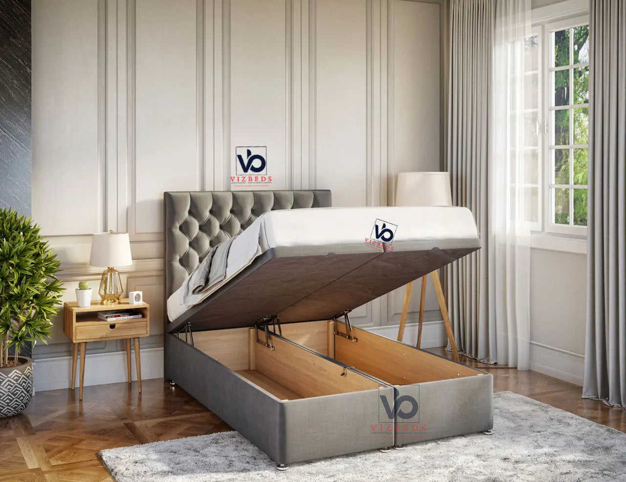 Salvia Chesterfield Ottoman Storage Divan Bed With Luxury Headboard Vizbeds