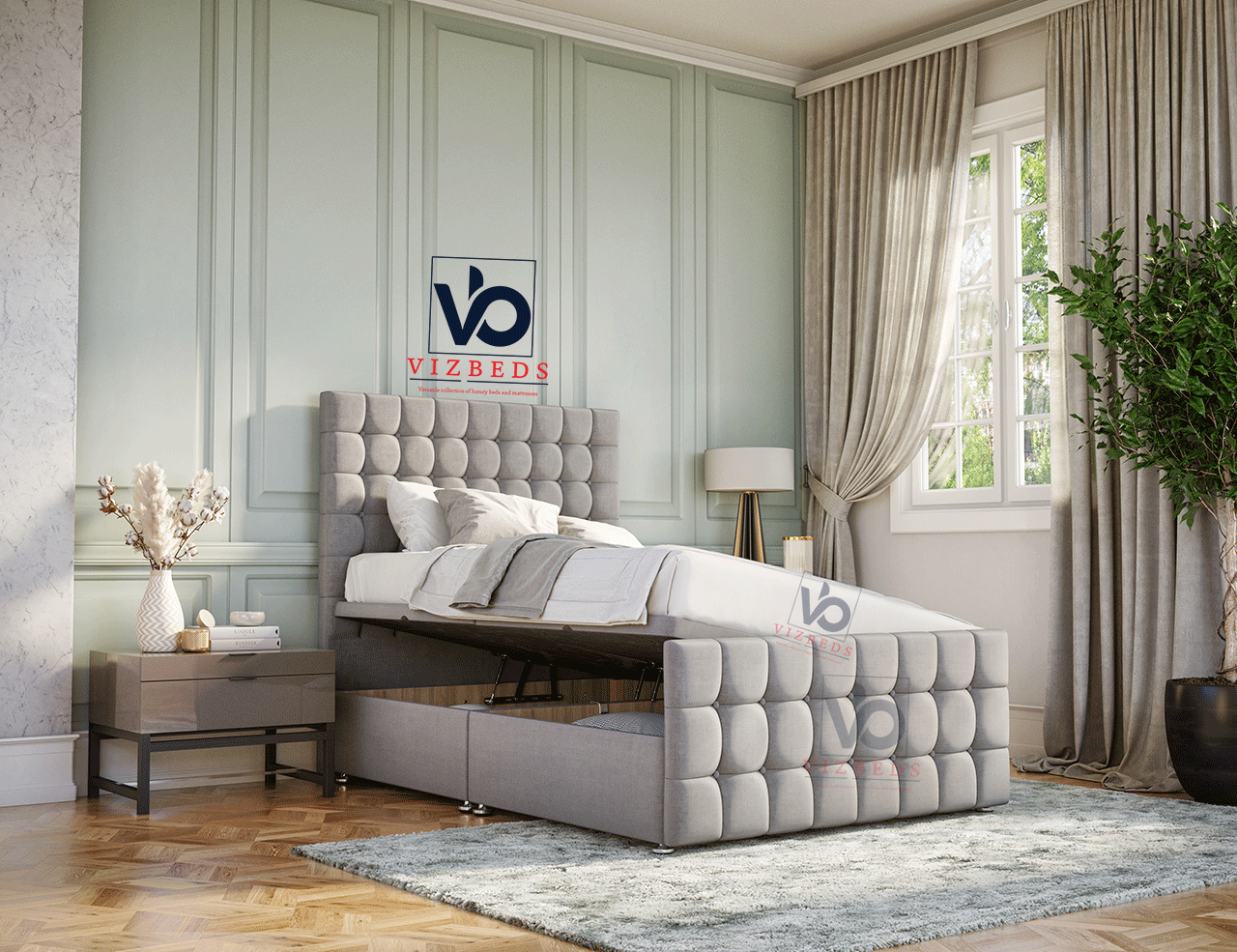 Luxury Serenity Ottoman Storage Divan Bed with Free Luxury Headboard Vizbeds