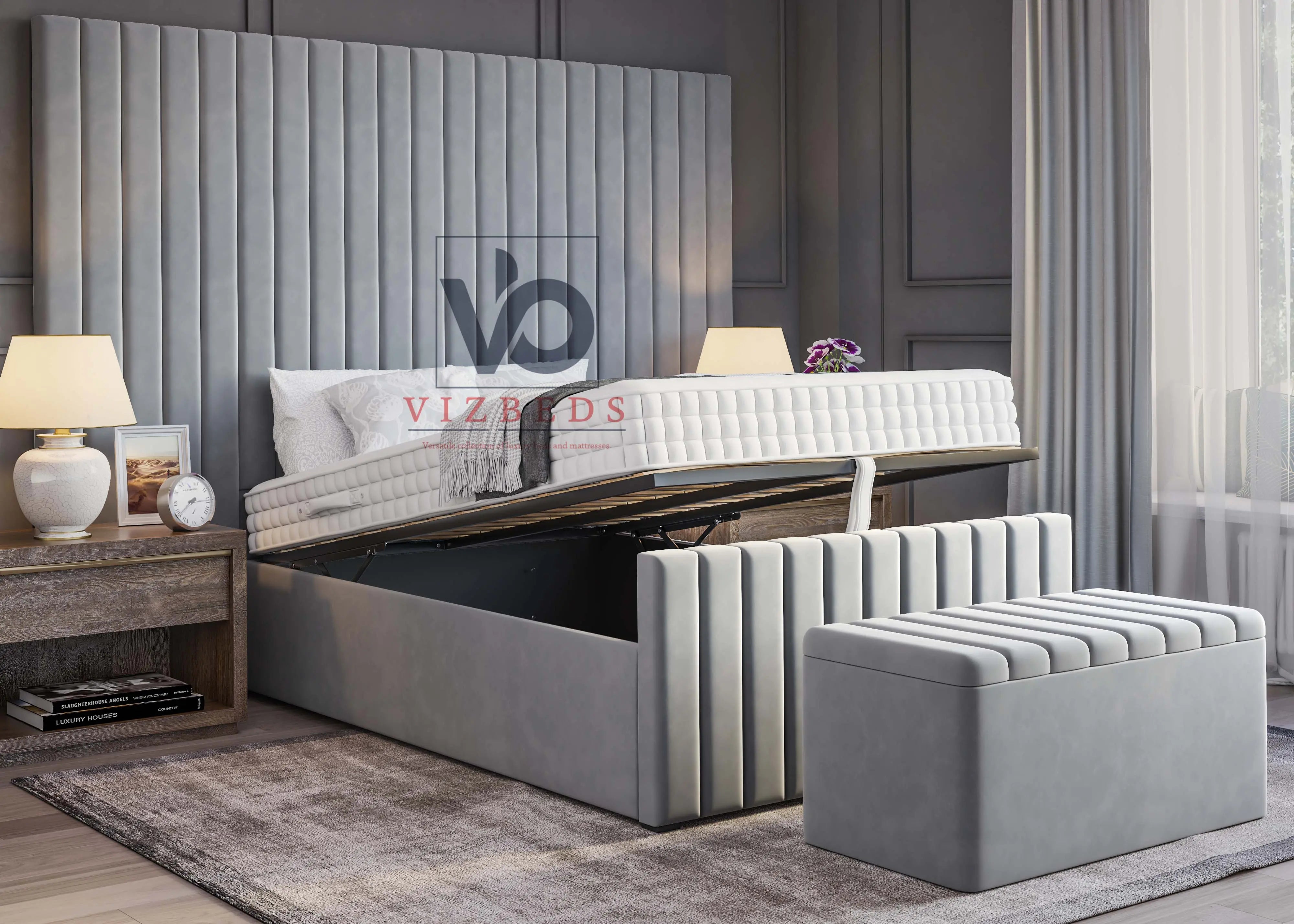 Stripe Luxury Bed With Extended Headboard Vizbeds