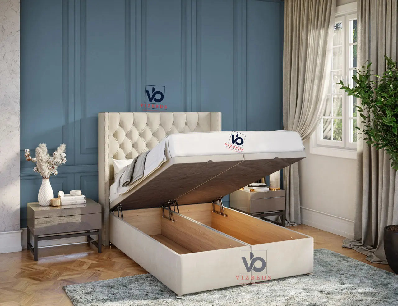 Trance Chesterfield Winged Ottoman Storage Divan Bed With Luxury Headboard Vizbeds