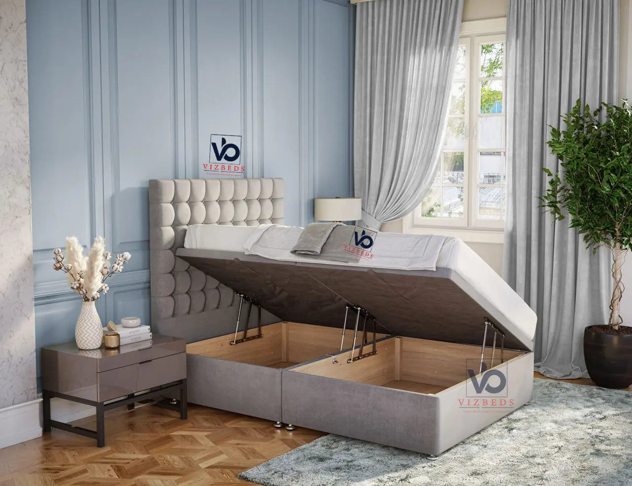 Serenity Ottoman Storage Divan Bed with Free Luxury headboard Vizbeds