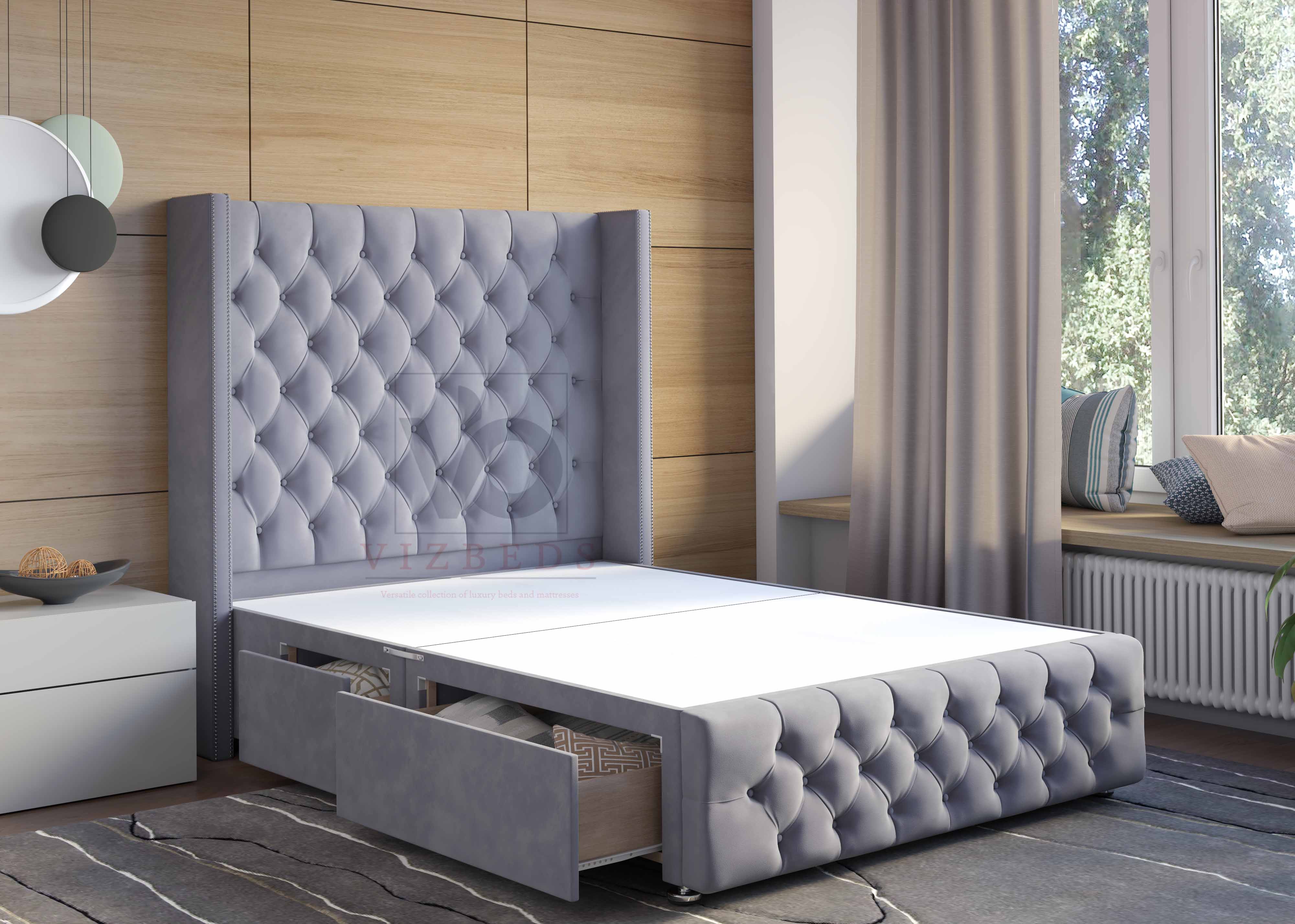 Animone Winged Divan Bed Set With Luxury Headboard