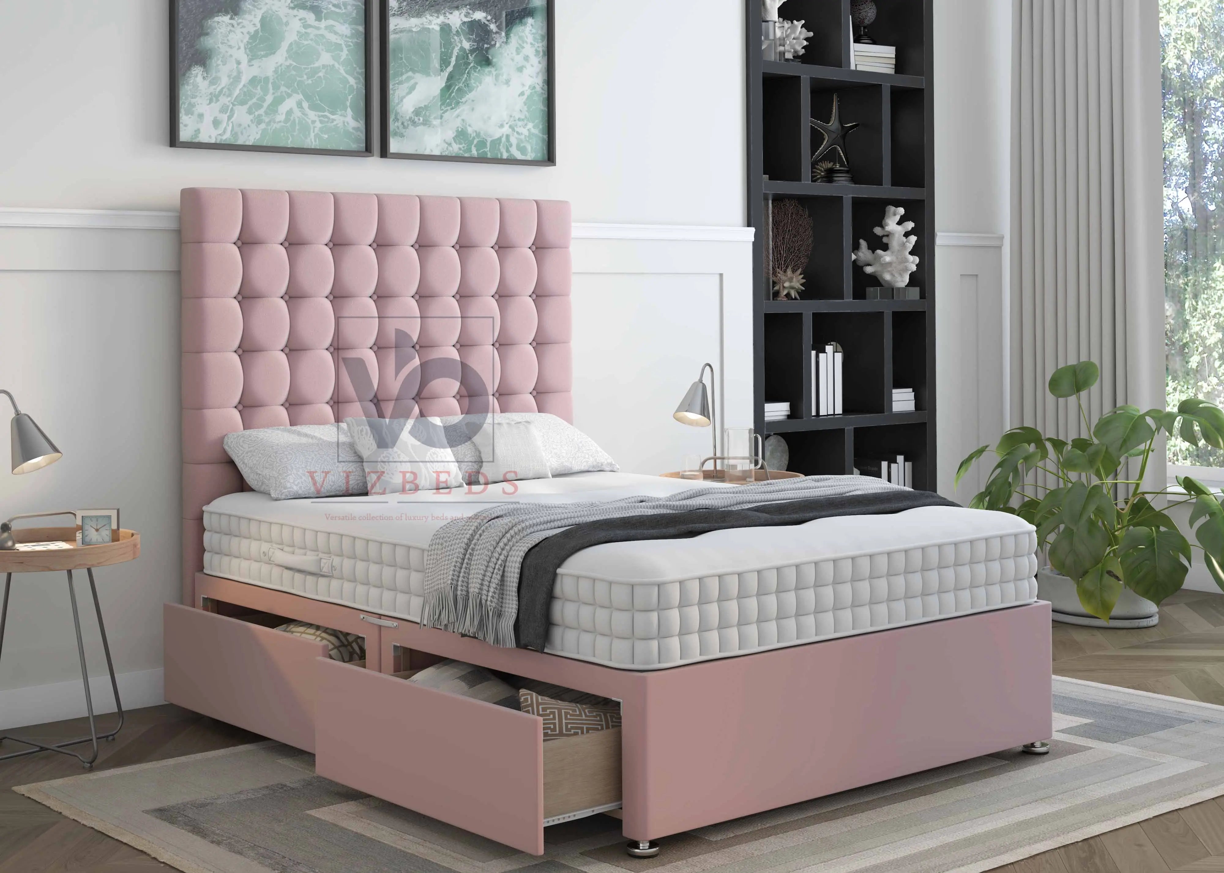 08- Divan Bed With Luxury Tall 54" Floor Standing Headboard