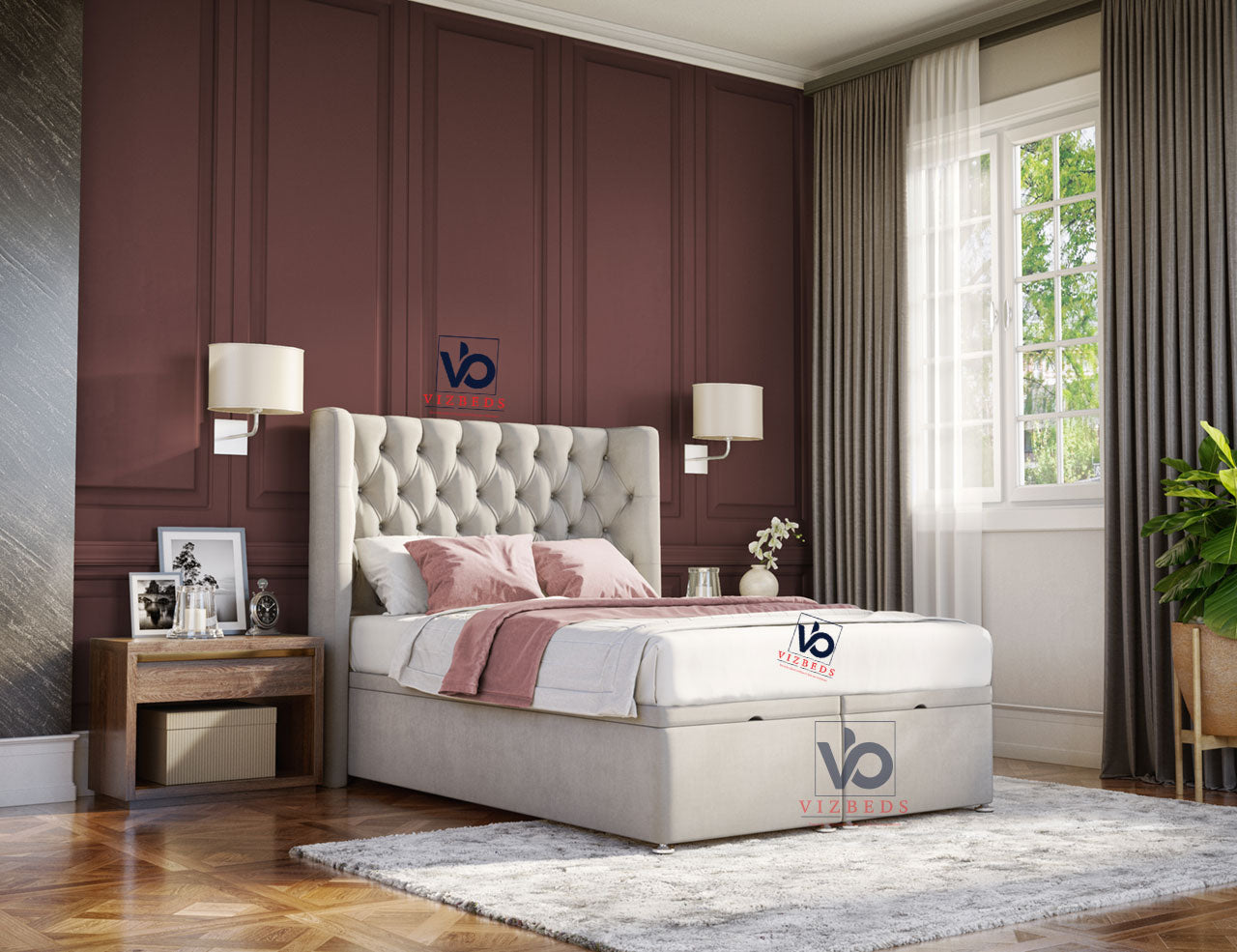 011 Chesterfield Designer Winged Storage Ottoman Bed + Free 54" Luxury Winged Headboard