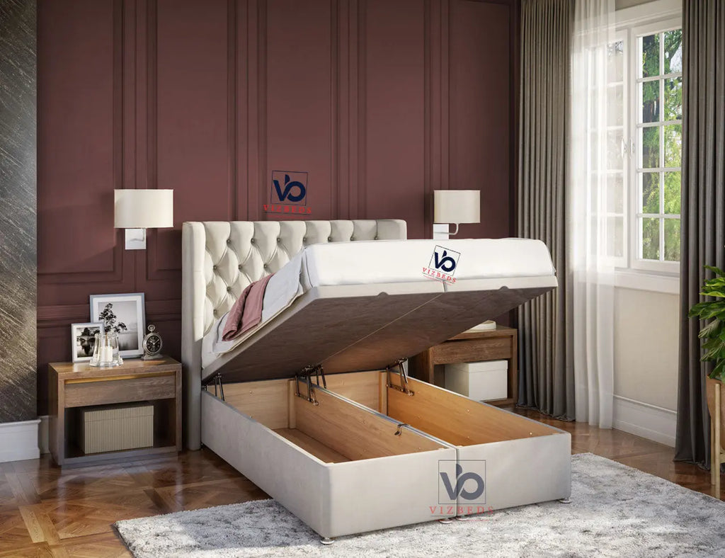 Olender Winged Storage Ottoman Bed With Luxury Winged Headboard