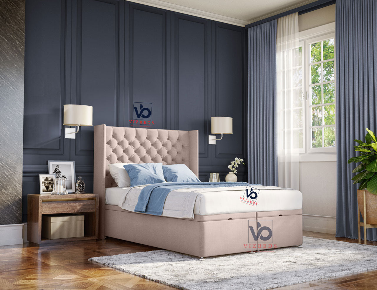 014 Chesterfield Winged Storage Ottoman Bed + Free 54" Luxury Winged Headboard
