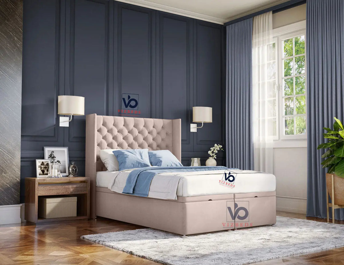 014 Chesterfield Winged Storage Ottoman Bed + Free 54" Luxury Winged Headboard Vizbeds