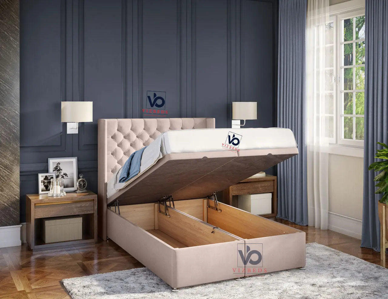 Milano Chesterfield Winged Storage Ottoman Divan Bed With Luxury
