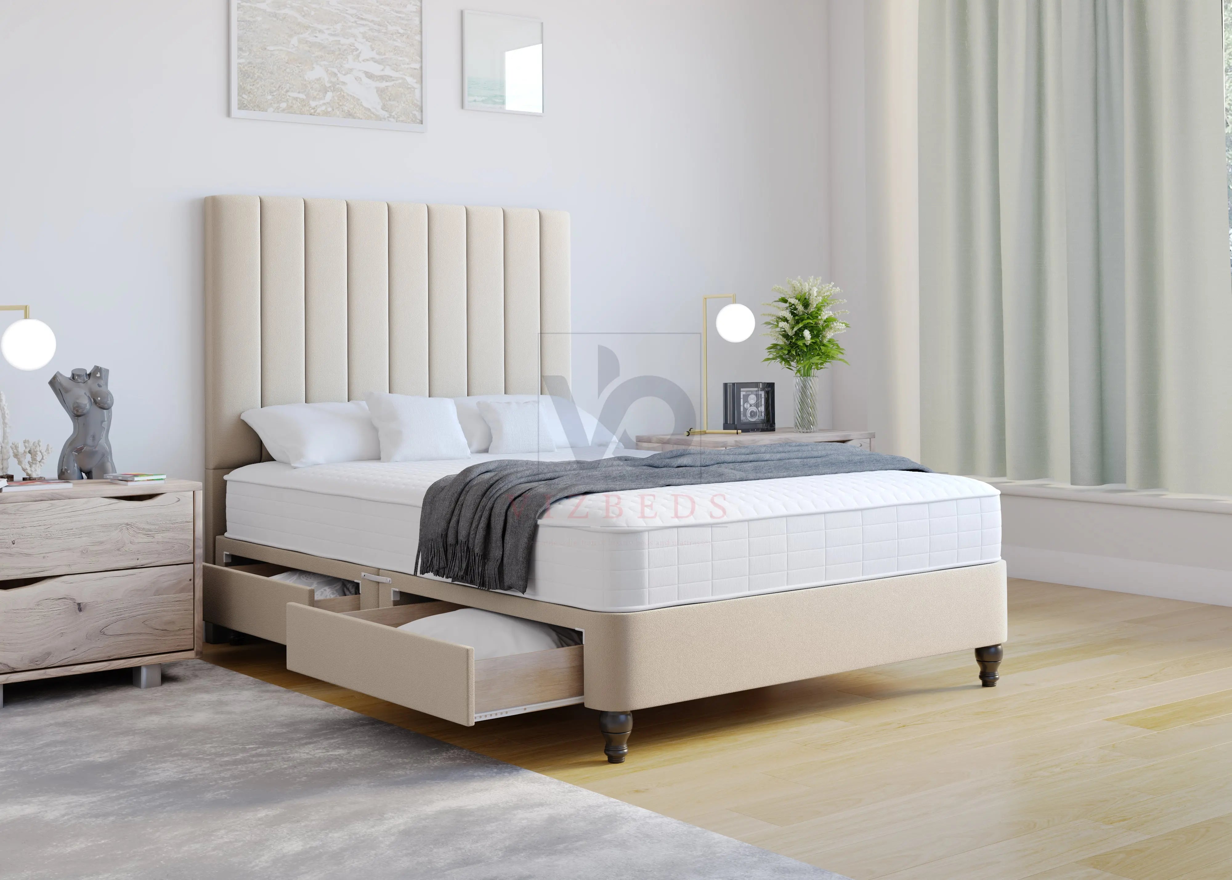 Lucene Divan Bed on Wooden Legs With Luxury Headboard